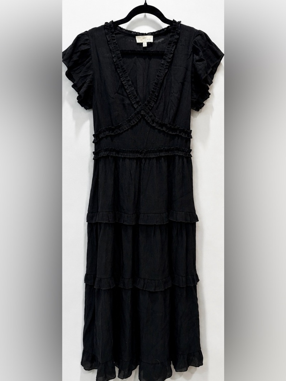 PINCH Black Ruffle Tiered Midi Dress Boho Cottagecore Flutter Sleeve Size L